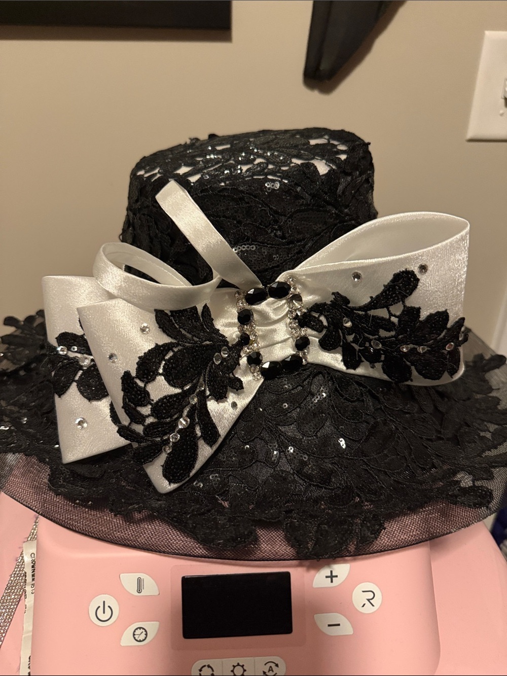 Black Lace Wide-Brim Hat with White Embellished Bow
